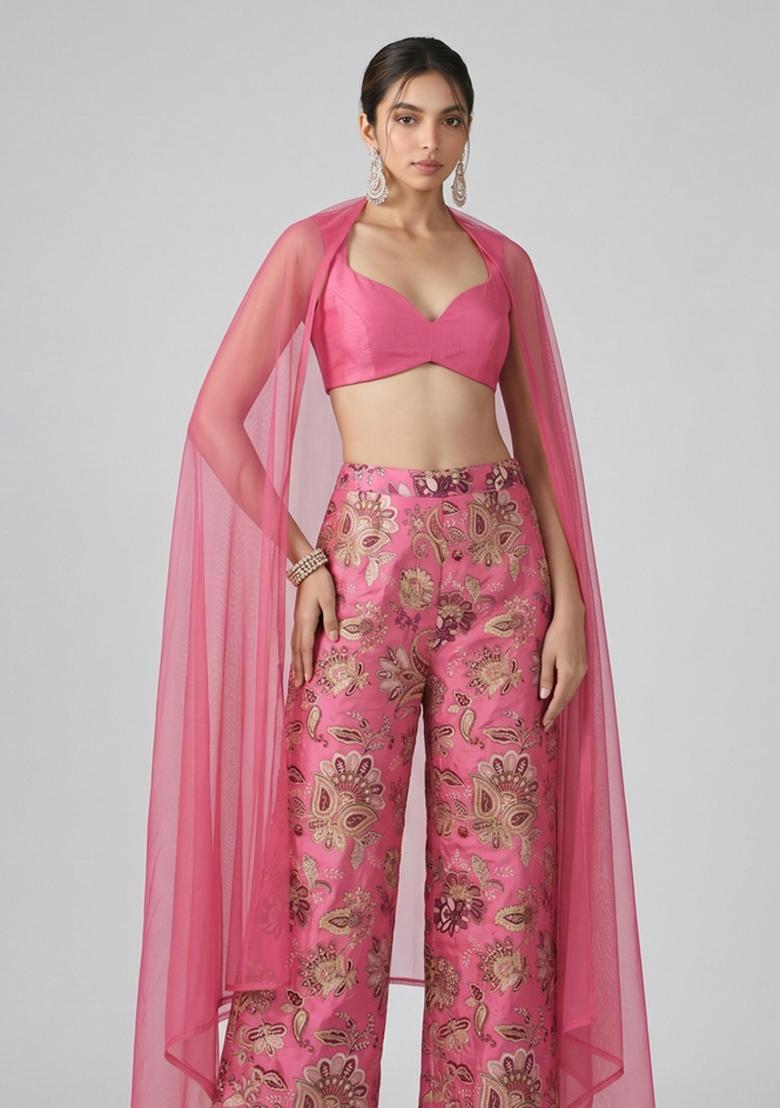 Pink Embroidered Crepe Fusion Set - Indya