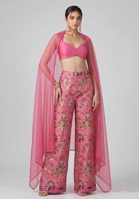 Pink Embroidered Crepe Fusion Set