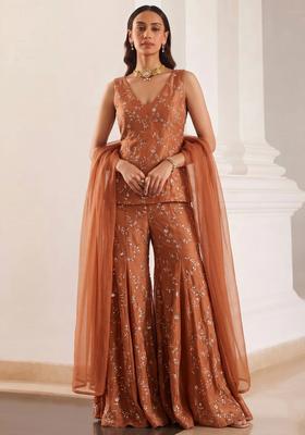 Rust Embroidered Organza Lehenga Set