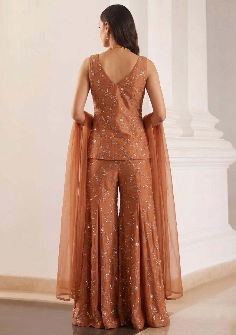 Rust Embroidered Organza Lehenga Set - Indya