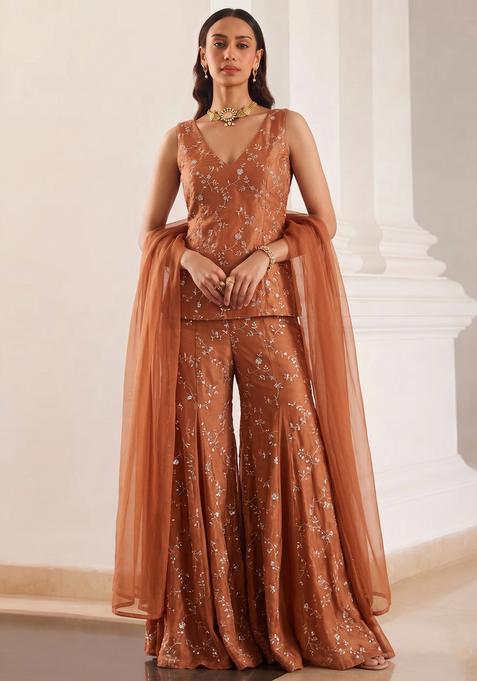 Rust Embroidered Organza Lehenga Set