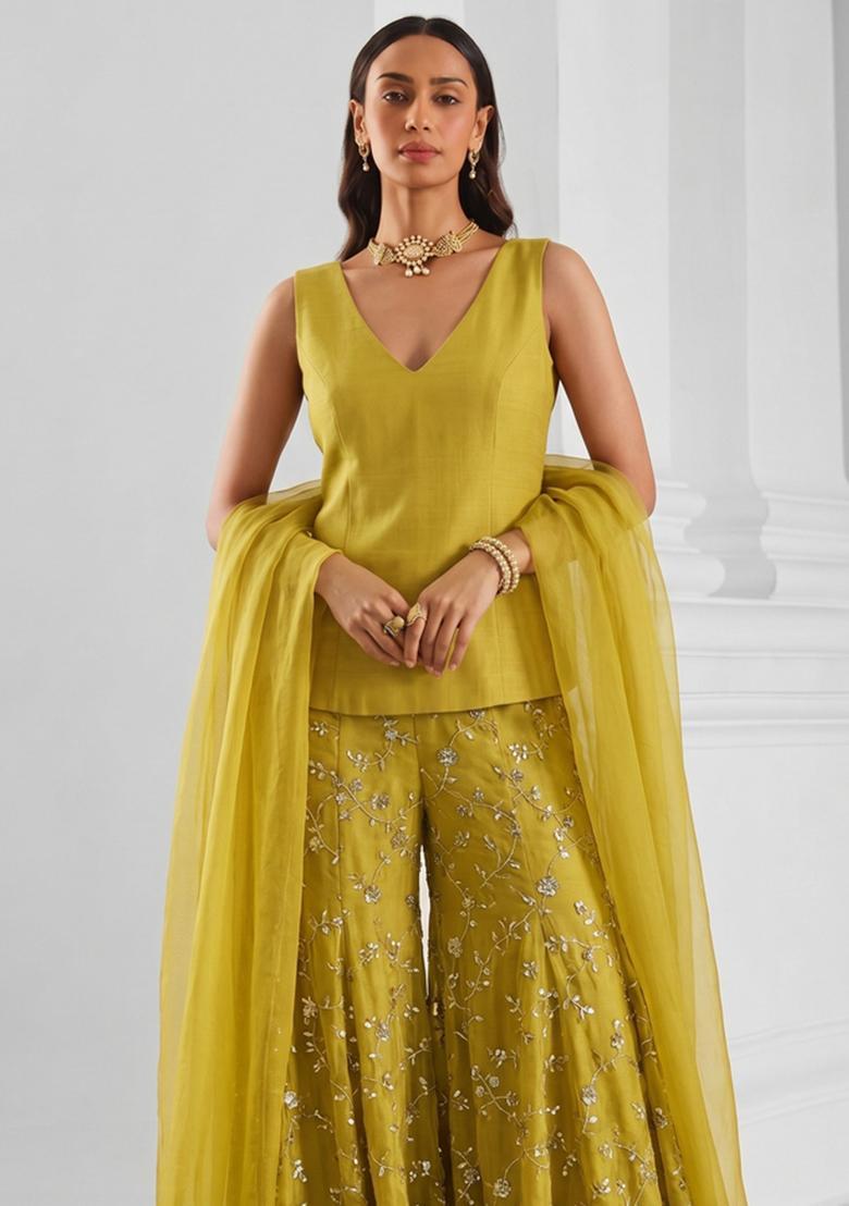 Mustard Embroidered Organza Sharara Set - Indya