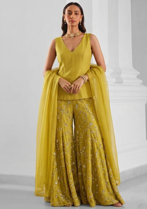 Mustard Embroidered Organza Sharara Set