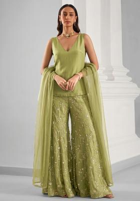 Olive Green Embroidered Organza Sharara Set