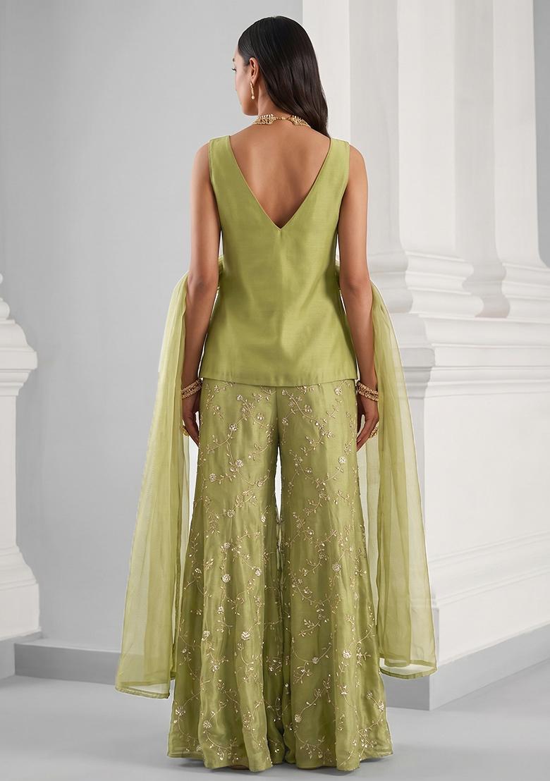 Olive Green Embroidered Organza Sharara Set - Indya