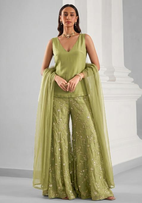 Olive Green Embroidered Organza Sharara Set
