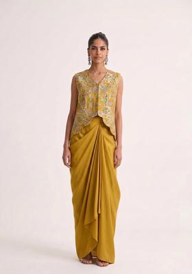 Mustard Jacquard Silk Fusion Set