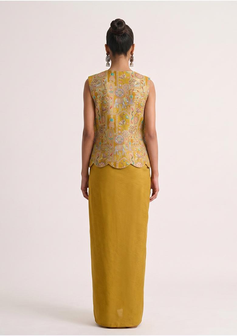 Mustard Jacquard Silk Fusion Set - Indya