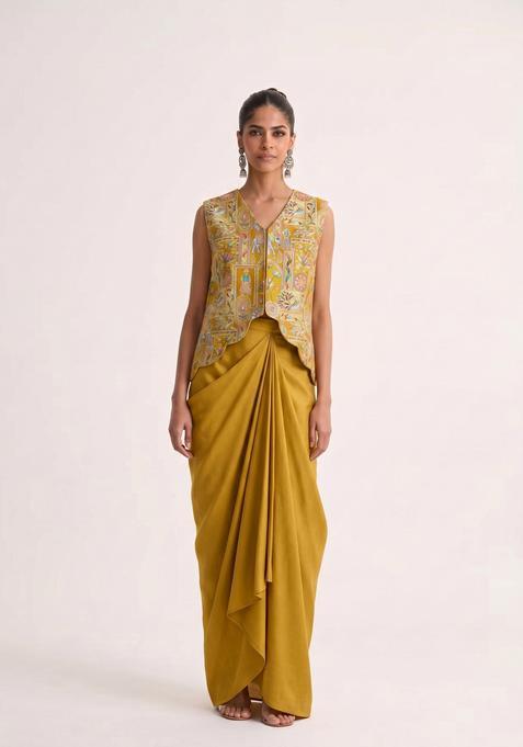 Mustard Jacquard Silk Fusion Set