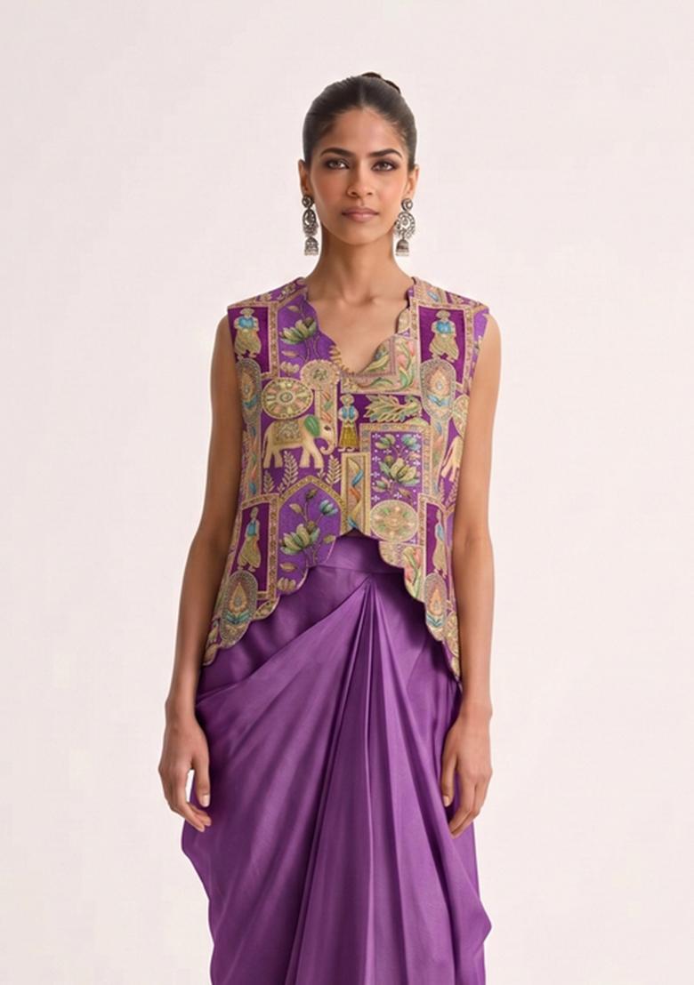 Purple Jacquard Silk Fusion Set - Indya