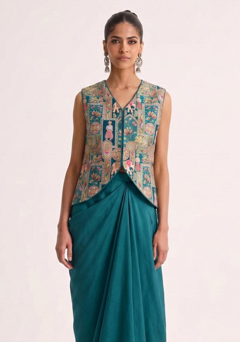 Teal Jacquard Silk Fusion Set - Indya