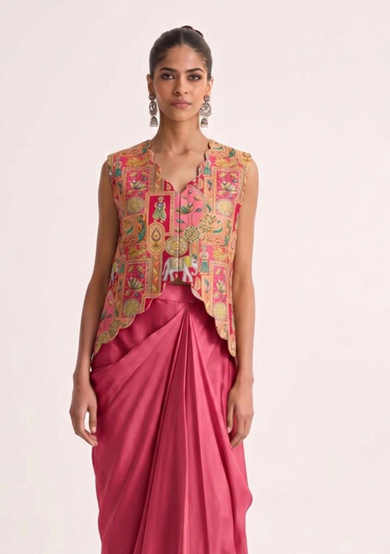 Rani Pink Jacquard Silk Fusion Set - Indya