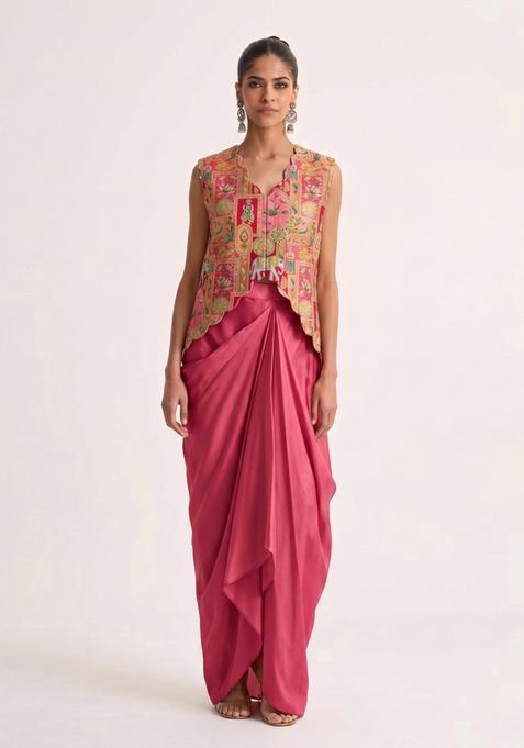 Rani Pink Jacquard Silk Fusion Set