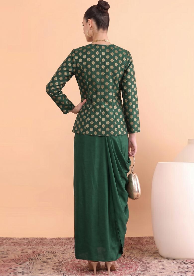 Bottle Green Zari Satin Fusion Set - Indya