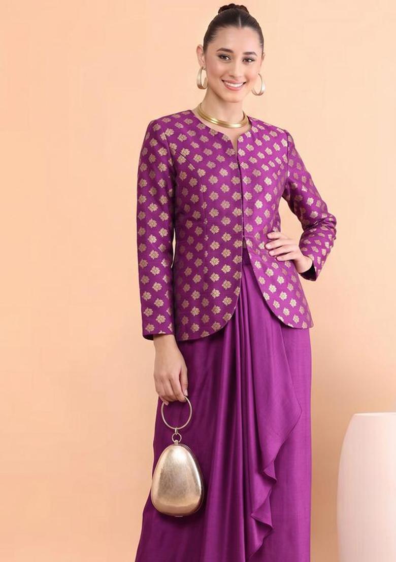 Magenta Zari Satin Fusion Set - Indya