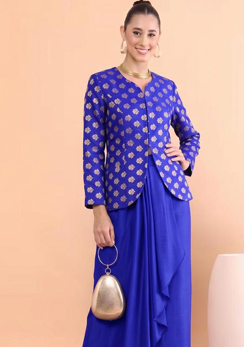 Royal Blue Zari Satin Fusion Set - Indya