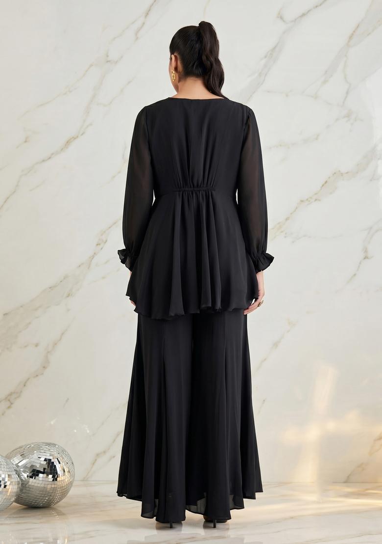Black Embroidered Handwork Fusion Set - Indya