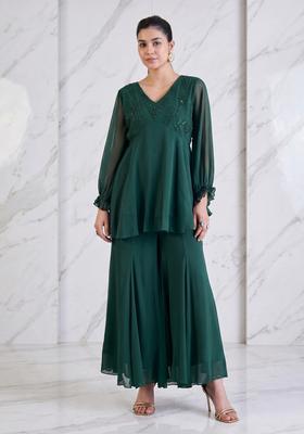 Bottle Green Embroidered Handwork Fusion Set