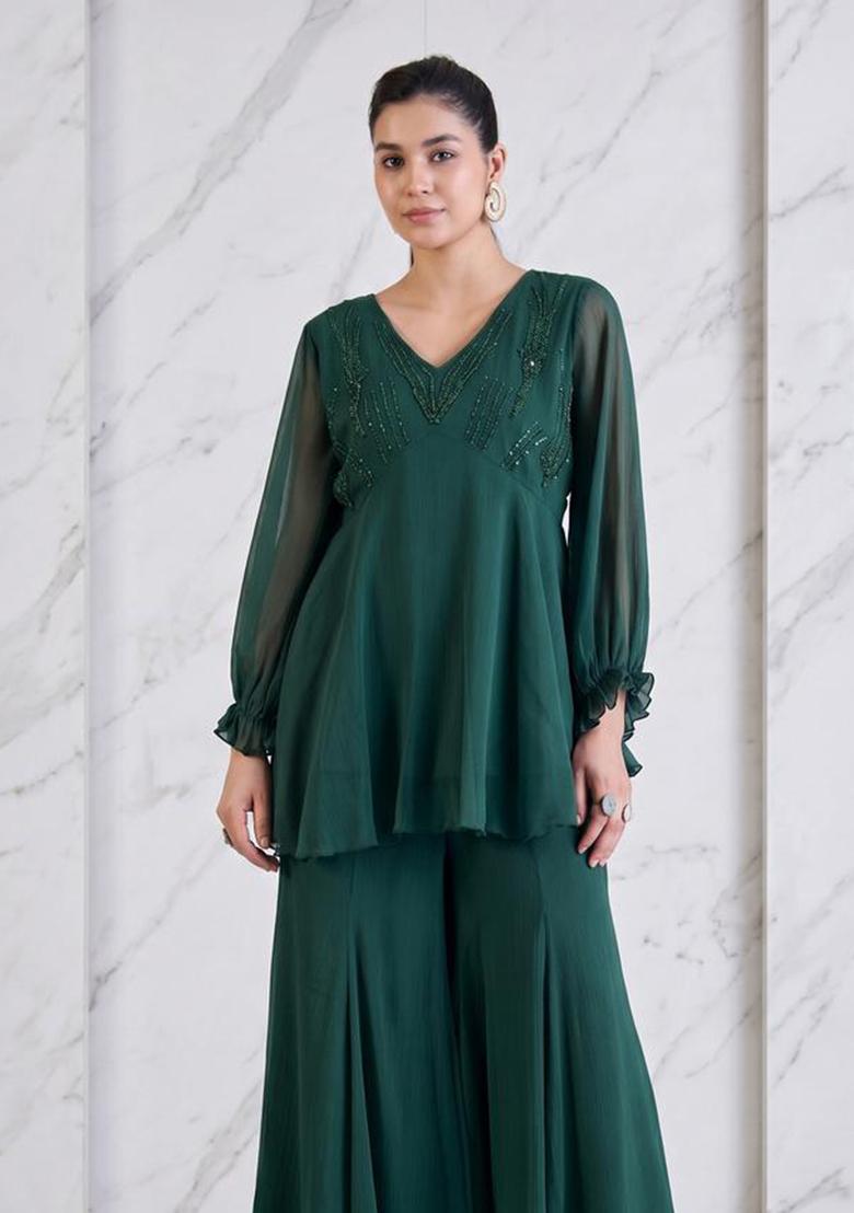 Bottle Green Embroidered Handwork Fusion Set - Indya