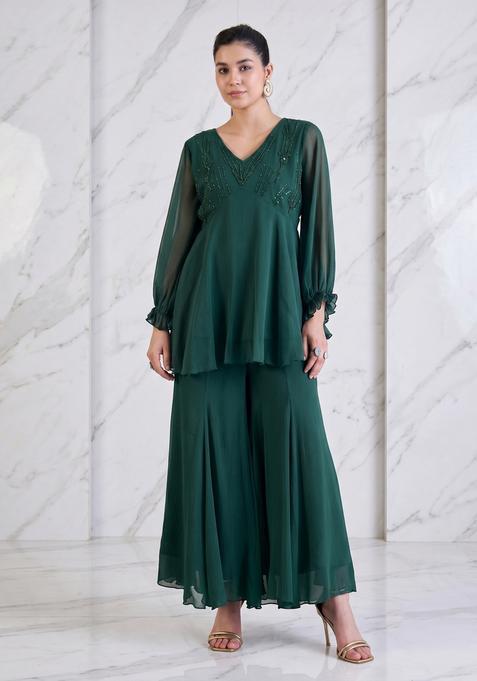 Bottle Green Embroidered Handwork Fusion Set