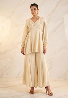 Beige Embroidered Handwork Fusion Set