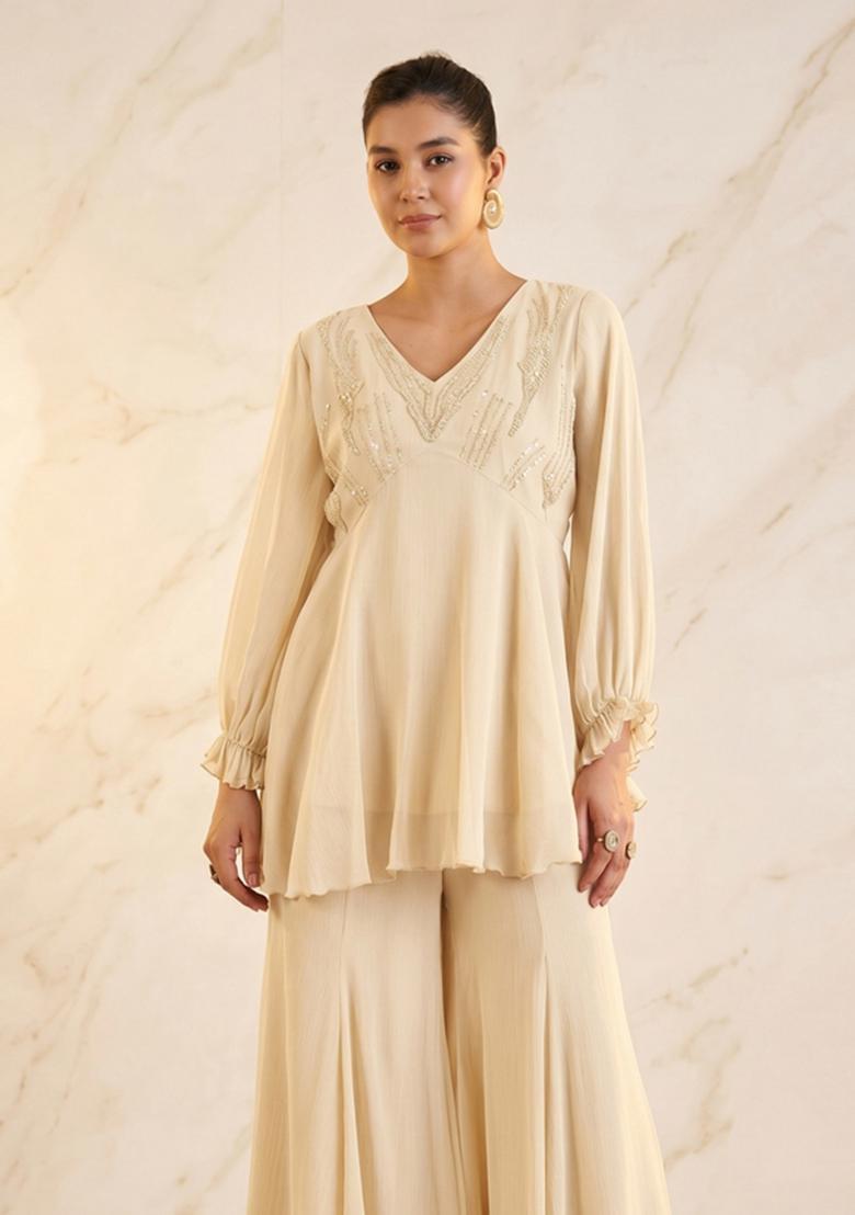 Beige Embroidered Handwork Fusion Set - Indya