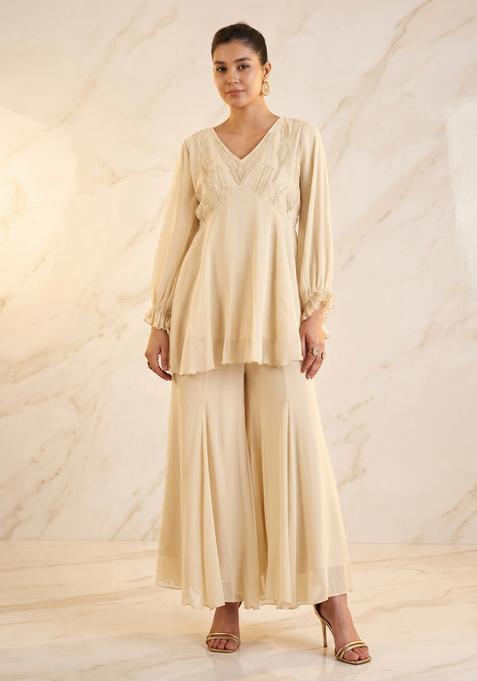 Beige Embroidered Handwork Fusion Set