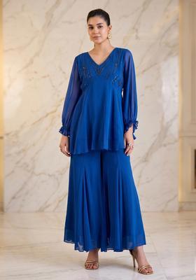 Royal Blue Embroidered Handwork Fusion Set