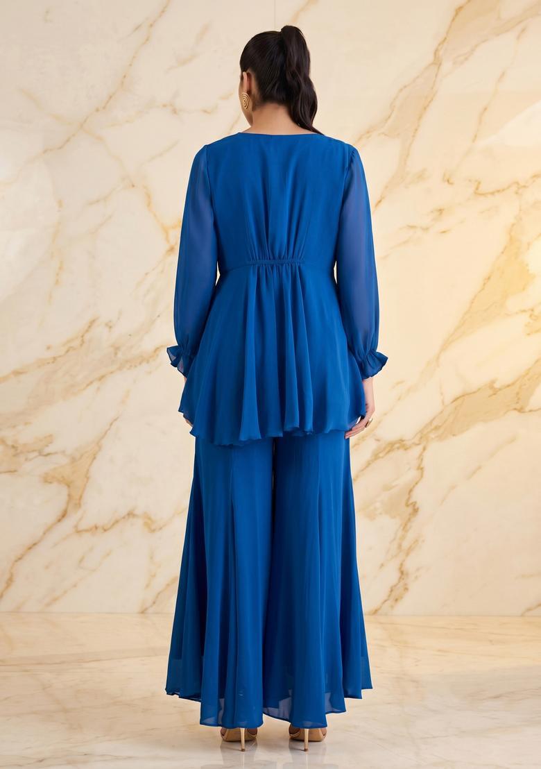 Royal Blue Embroidered Handwork Fusion Set - Indya