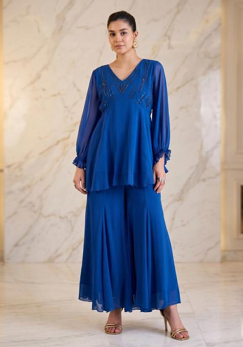 Royal Blue Embroidered Handwork Fusion Set