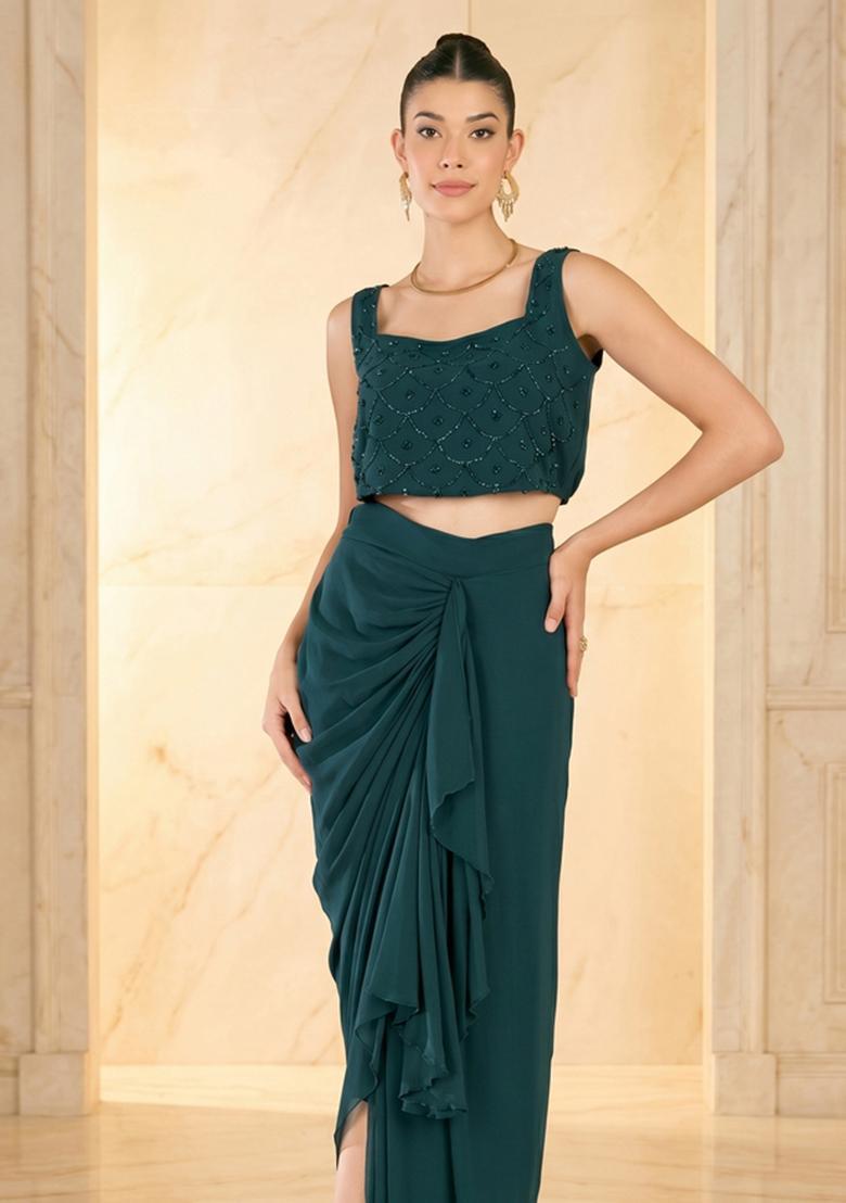 Bottle Green Embroidered Handwork Fusion Set - Indya