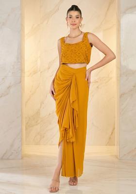 Mustard Embroidered Handwork Fusion Set