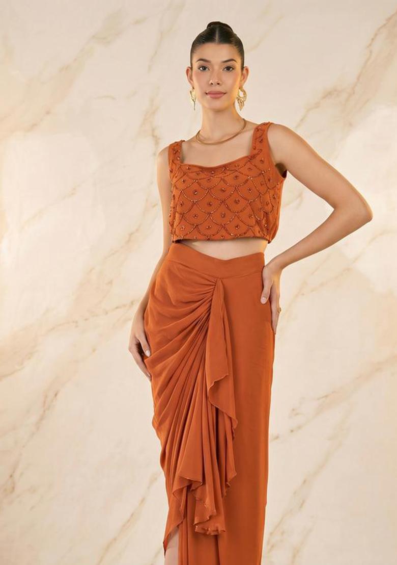 Rust Orange Embroidered Handwork Fusion Set - Indya
