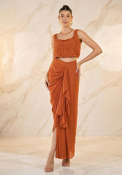 Rust Orange Embroidered Handwork Fusion Set