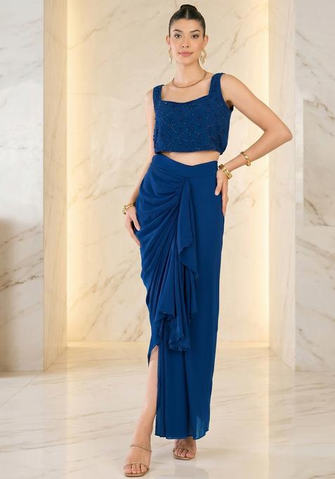 Royal Blue Embroidered Handwork Fusion Set