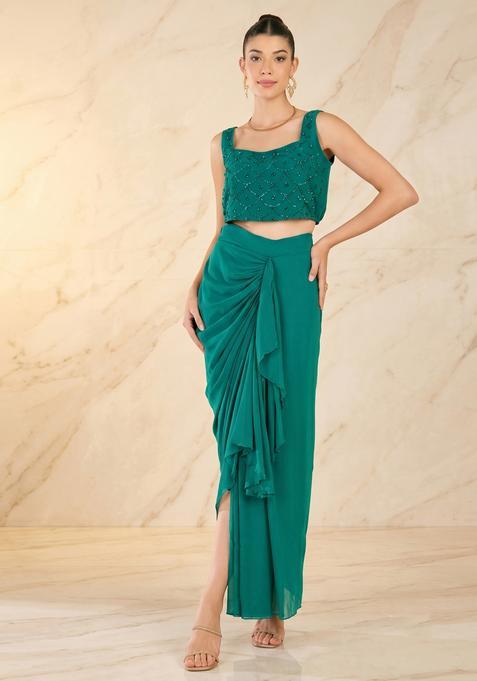 Green Embroidered Handwork Fusion Set
