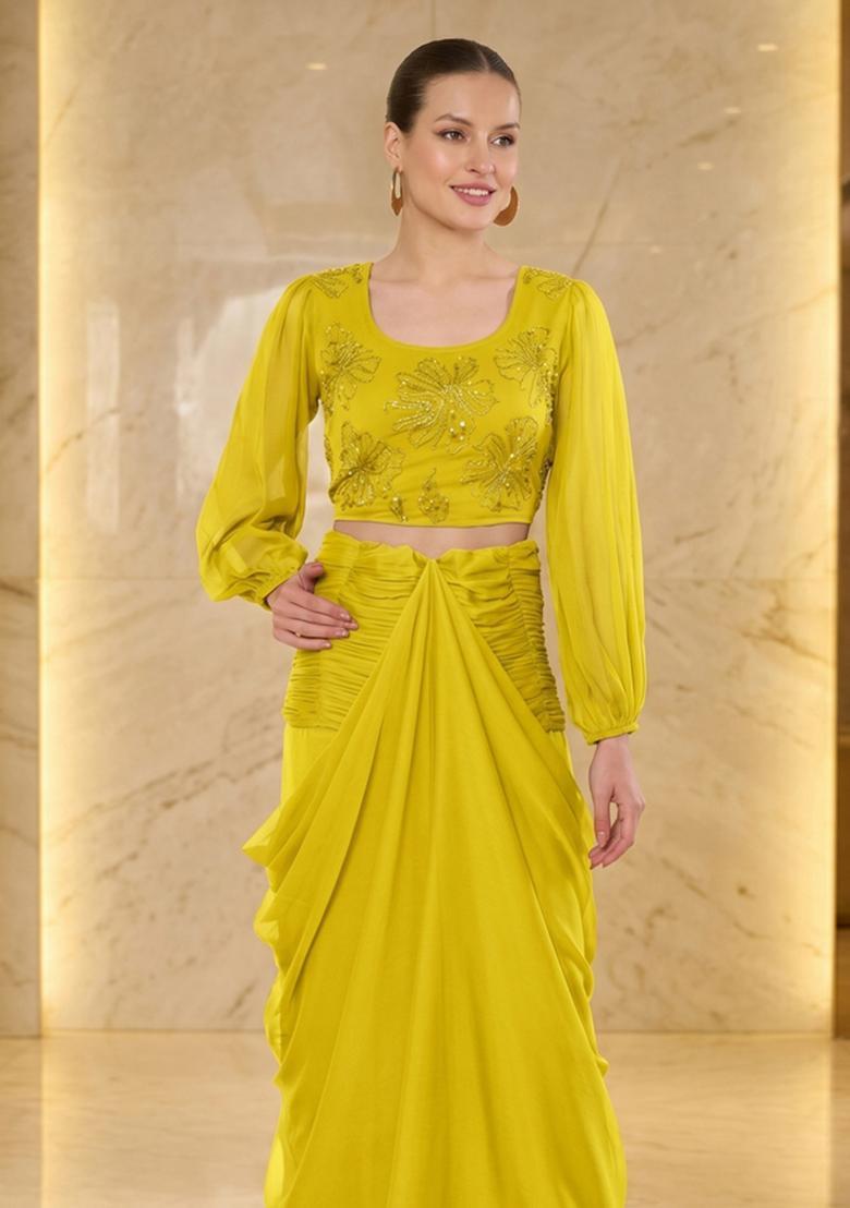 Mustard Embroidered Handwork Fusion Set - Indya