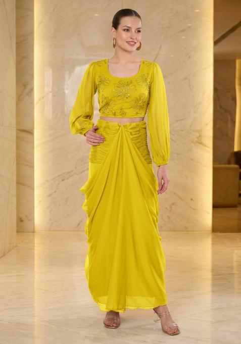 Mustard Embroidered Handwork Fusion Set