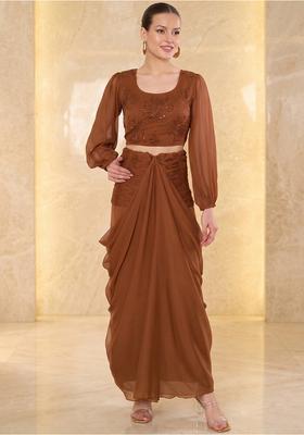 Brown Embroidered Handwork Fusion Set