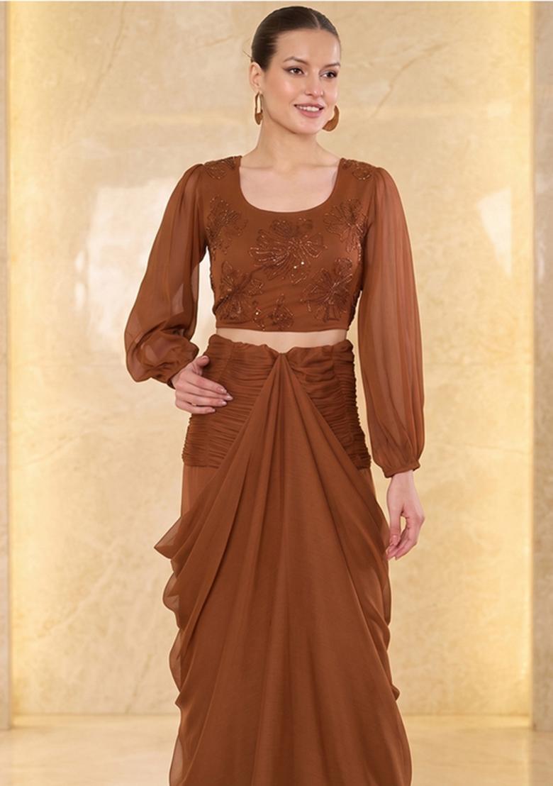 Brown Embroidered Handwork Fusion Set - Indya
