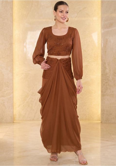 Brown Embroidered Handwork Fusion Set