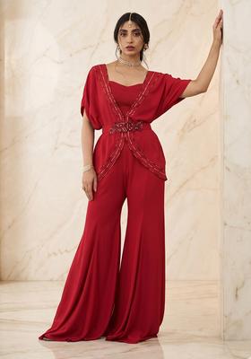 Red Embroidered Handwork Fusion Set