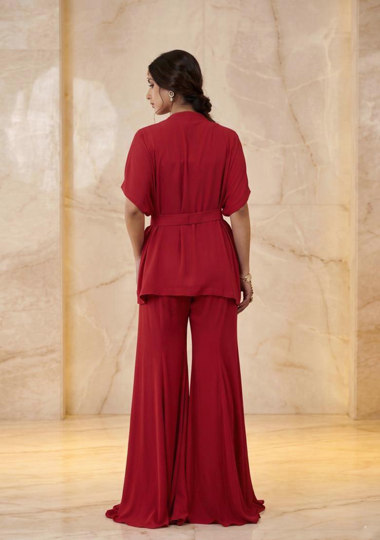 Red Embroidered Handwork Fusion Set - Indya