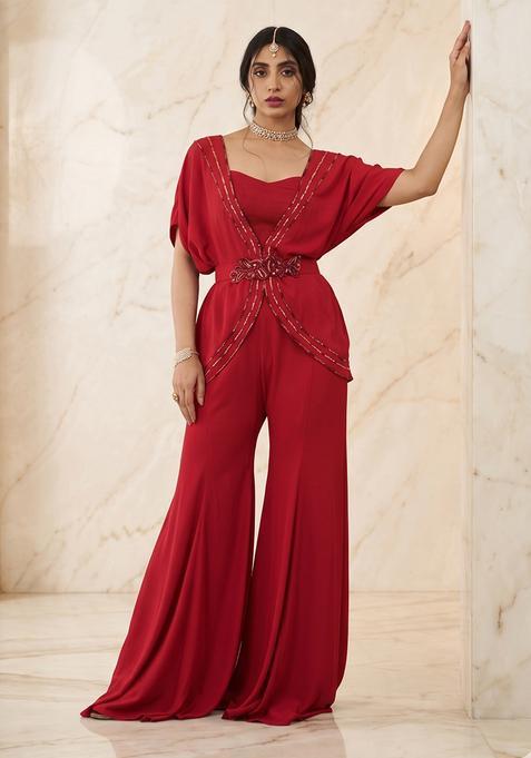 Red Embroidered Handwork Fusion Set