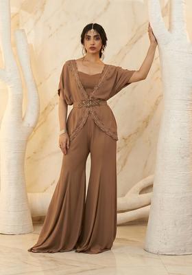 Brown Embroidered Handwork Fusion Set