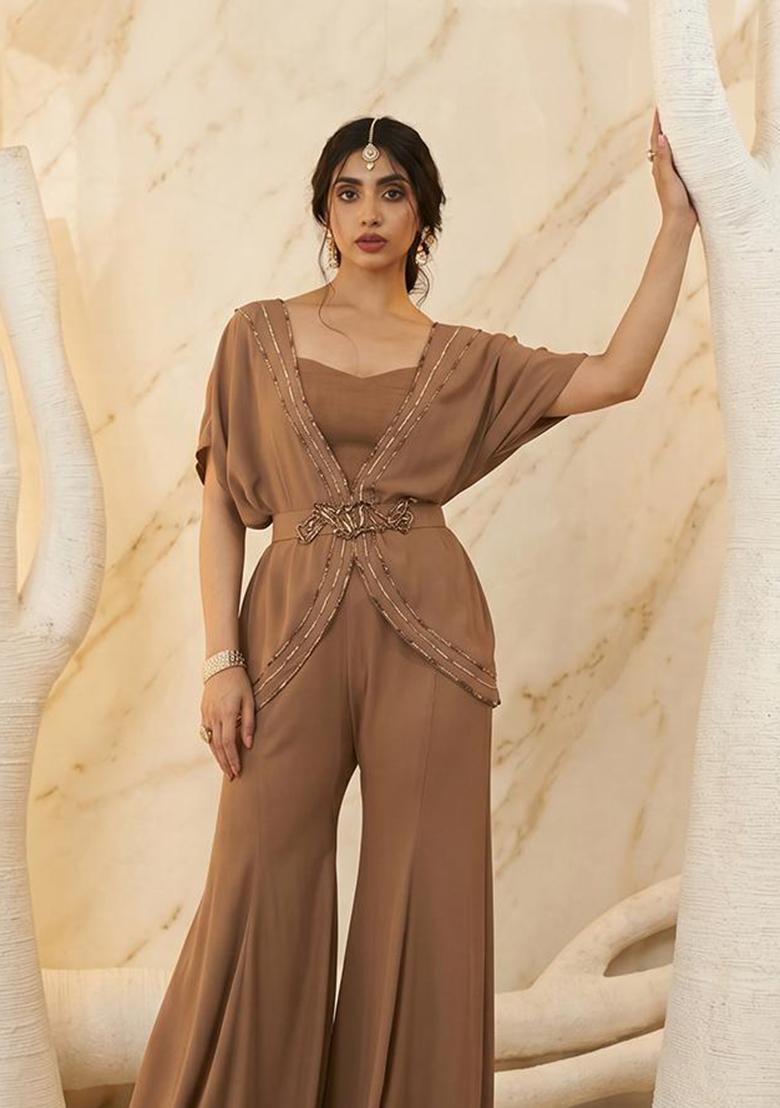 Brown Embroidered Handwork Fusion Set - Indya
