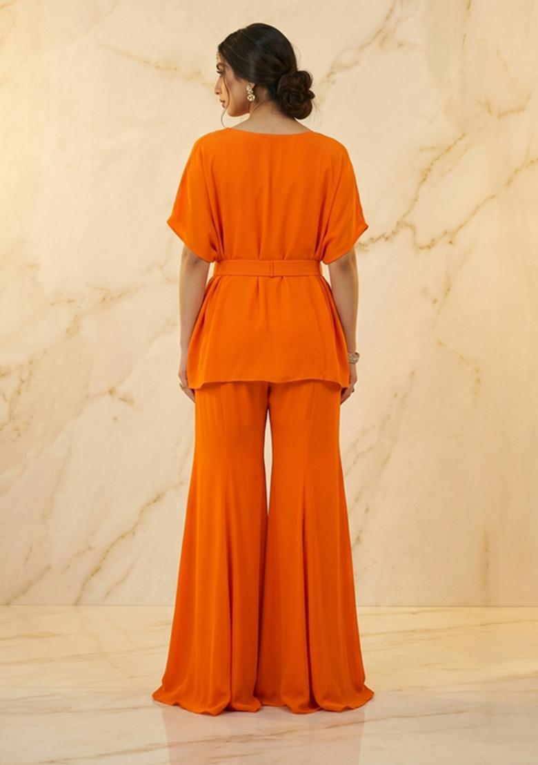 Orange Embroidered Handwork Fusion Set - Indya