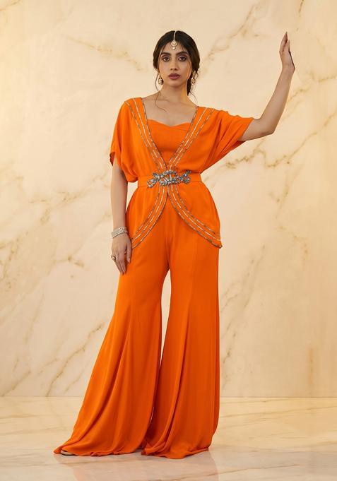 Orange Embroidered Handwork Fusion Set