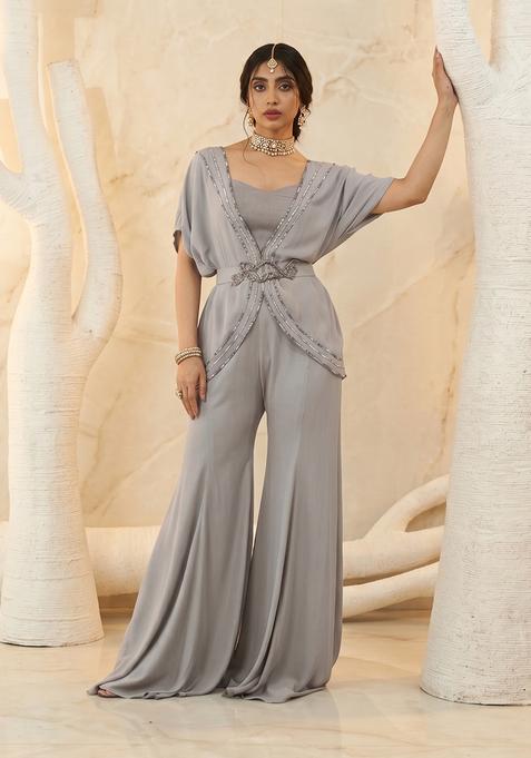 Grey Embroidered Handwork Fusion Set