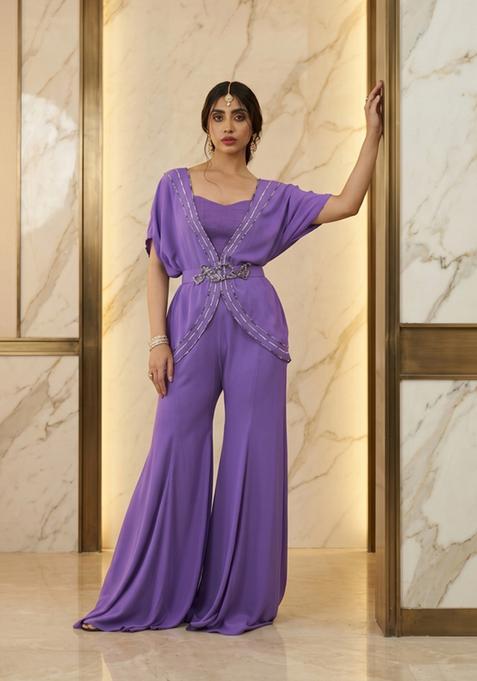 Purple Embroidered Handwork Fusion Set